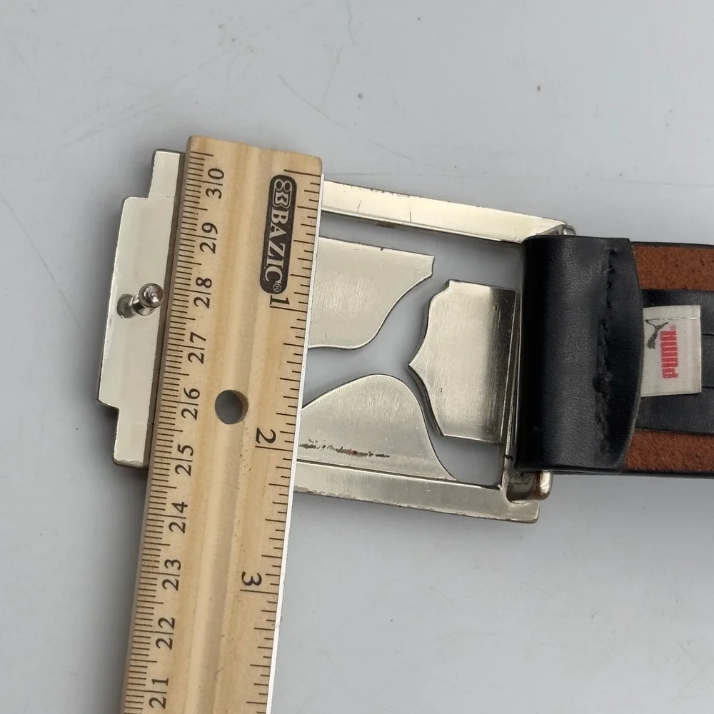 Puma Black Genuine Leather Belt Silver Logo Cutout Plaque Buckle Size S 80cm